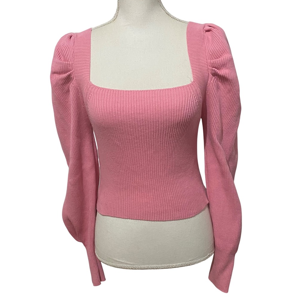 Pink Bow Crop Sweater S Balletcore Soft‎ Girl Romantic Square Neck Puff Sleeve